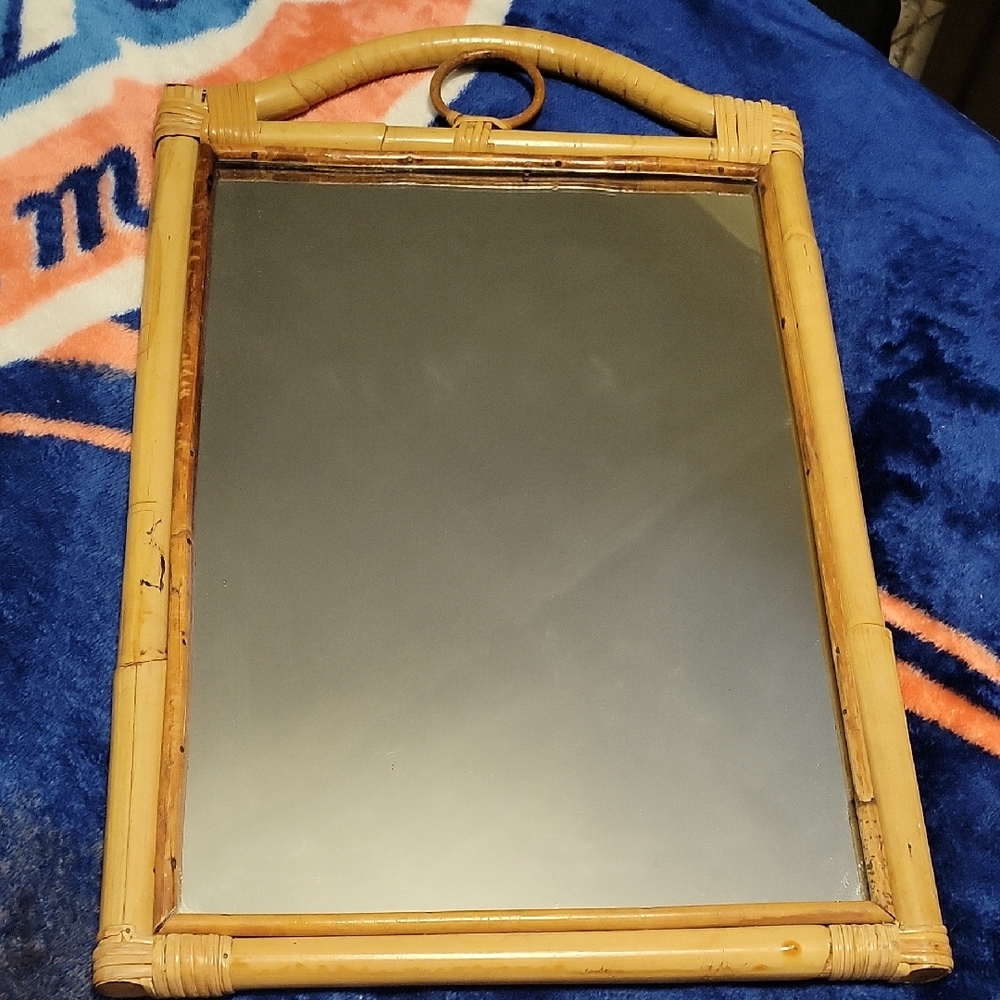 Vintage MCM Rattan Bamboo Framed Mirror 13.5" × 21.5"